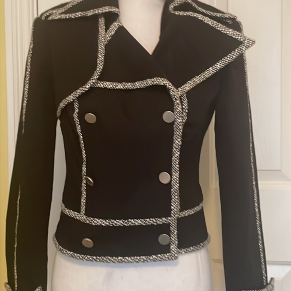 Caché Vintage Black Asymmetrical Double Breasted Short Jacket w/ Unique Trim - Picture 2 of 9